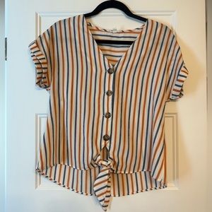 WORN ONCE! Short-sleeved button down shirt with stripes and tie detail. size S